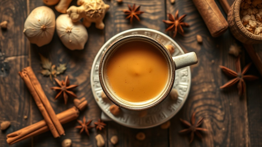 Rustic Cashew Masala Chai Latte with spices on wooden table.