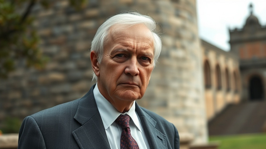 Elderly man in suit, somber, outdoors near stone building.