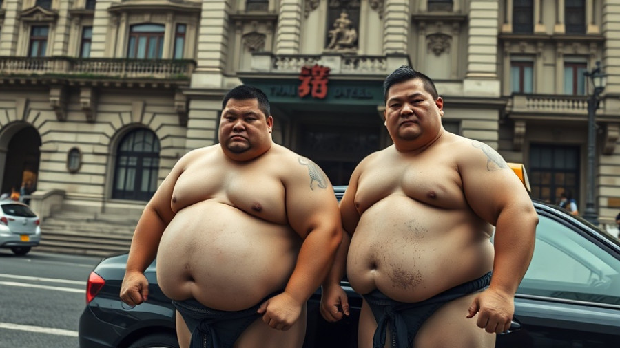 Sumo wrestlers at Grand Sumo Tournament London outside historical building.