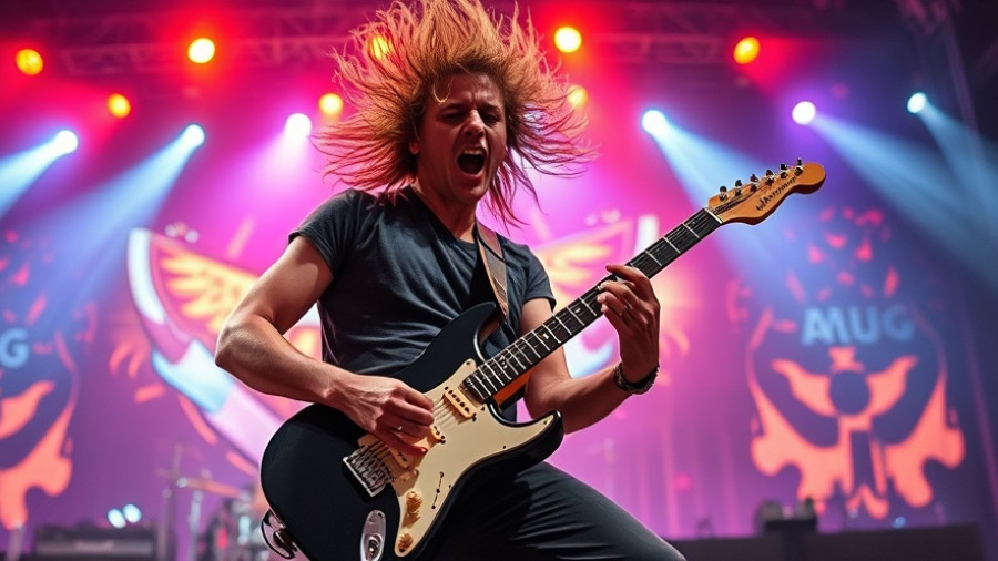 Guitarist with wild hair performing at Melvins concert San Antonio with vibrant backdrop.
