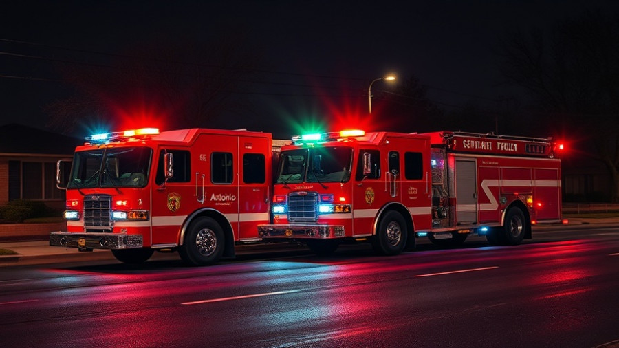 San Antonio fire trucks at night with flashing lights during a blaze.