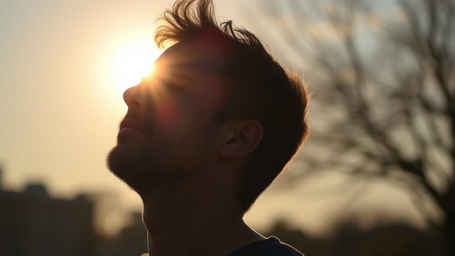 Man practicing light therapy for seniors in sunlight, calming scene.