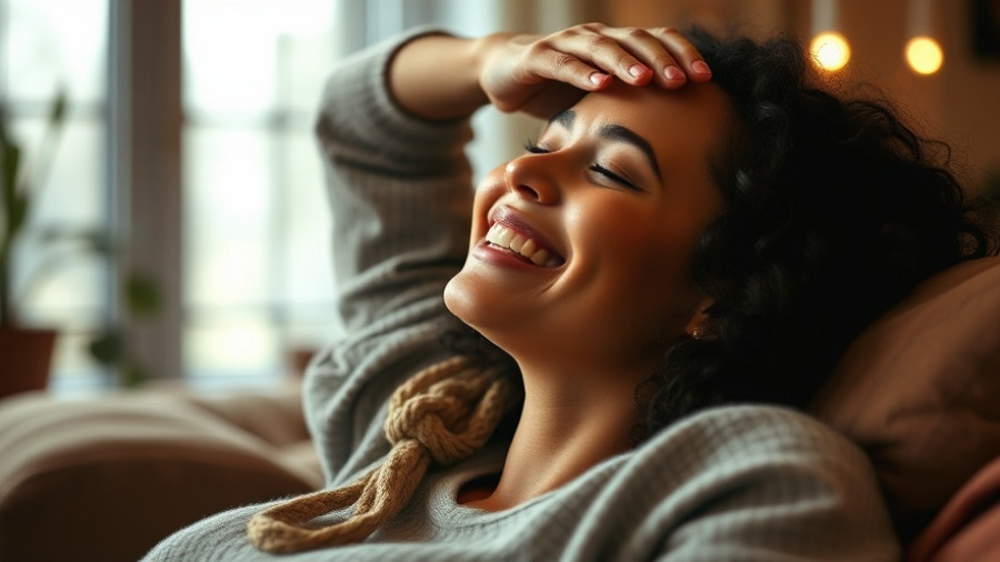 Joyful woman staying positive in a cozy indoor scene.
