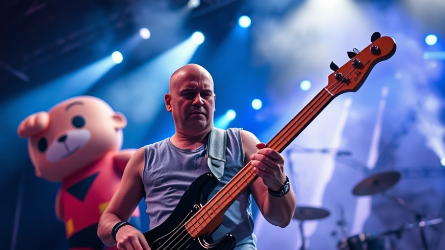 Bald musician playing bass guitar on stage with mannequin backdrop, Limp Bizkit Sam Rivers death context.