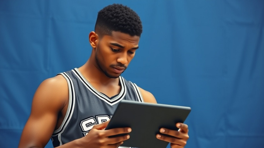 Focused Spurs player reads a tablet discussing Spurs NBA strategy.