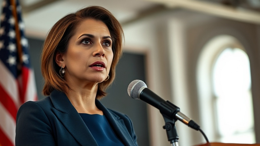 Confident woman discussing immigration policy USA, addressing audience.