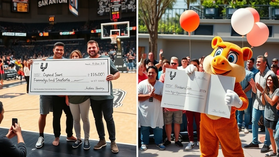 San Antonio Spurs community support event with donation and mascot.
