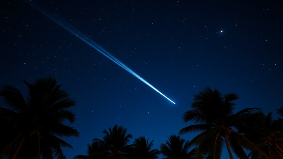 Orionid meteor shower peak 2025 with meteor streak and palm trees.