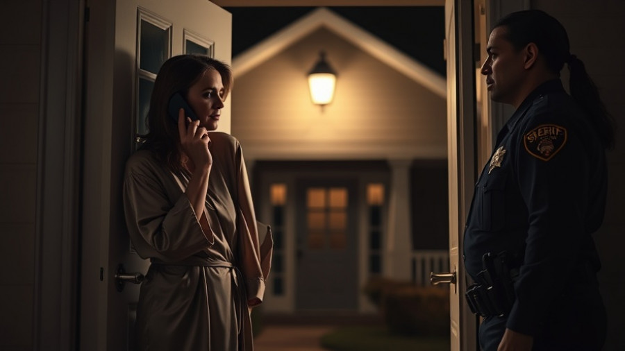 Sheriff deputy at a woman's door during an investigation