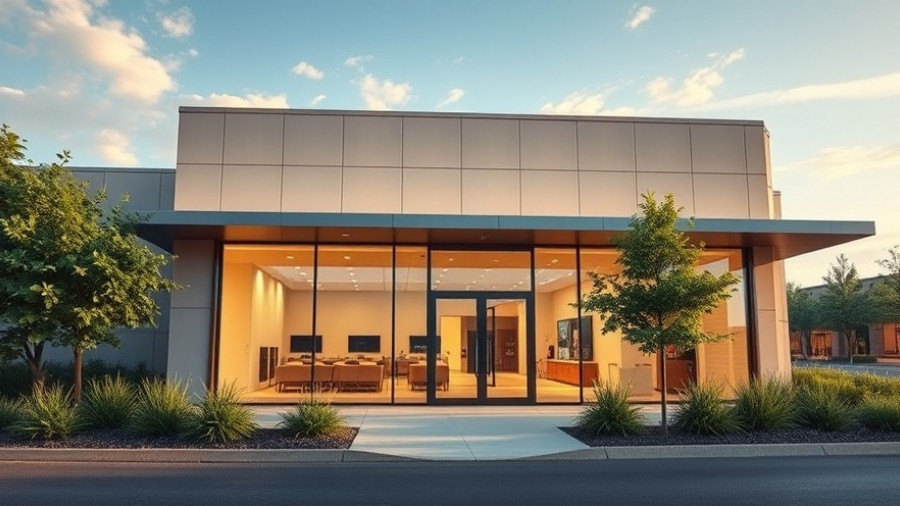 Modern luxury retail store exterior in Austin, surrounded by trees.