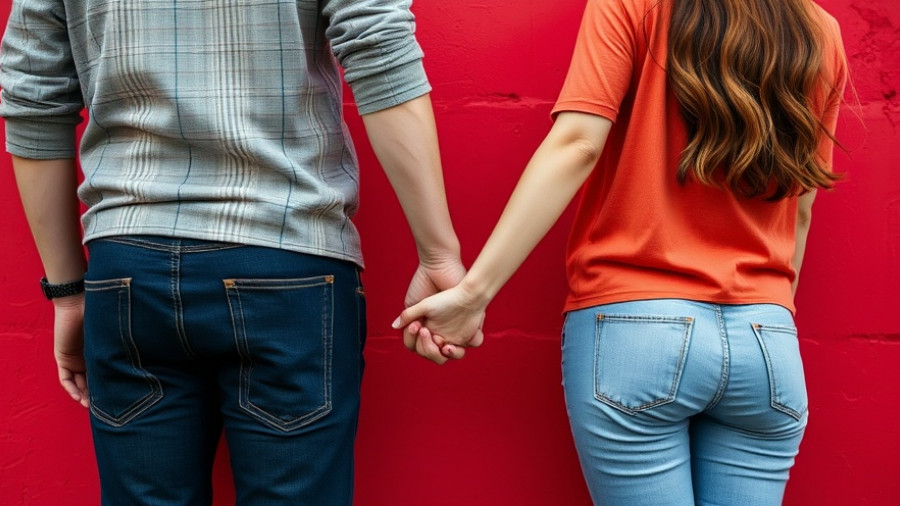 Couple holding hands affectionately against a red background.