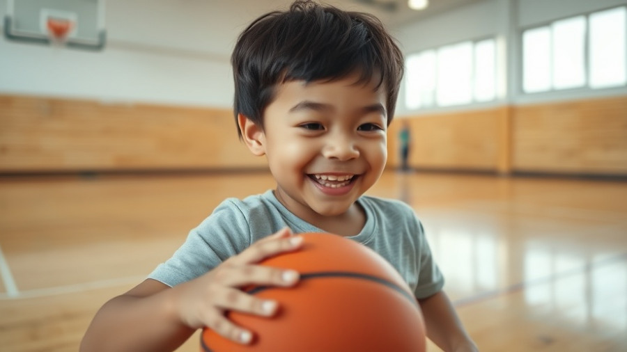Child practicing two-handed dribbling technique in gym.