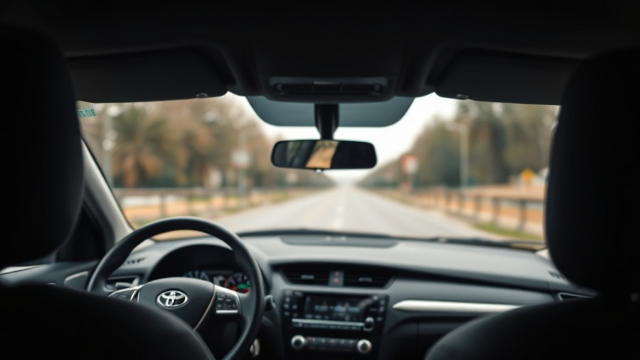 View of car interior focused on steering wheel; outdoor road visible.