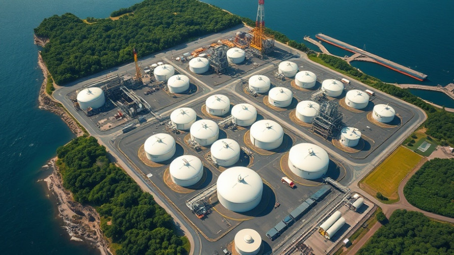 Aerial view of Commonwealth LNG facility near coastal waterfront.