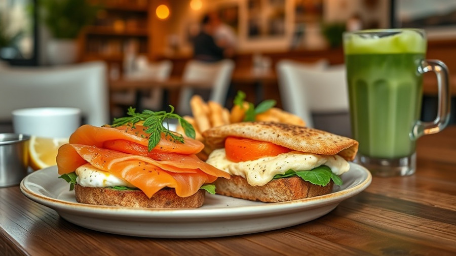 San Antonio breakfast sandwiches with matcha latte on table.