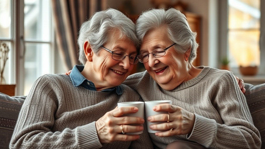 Serene elderly couple embracing with coffee, chronic disease mortality risk and happiness.