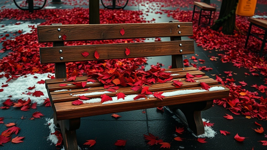 Bench covered with autumn leaves and snow, reflecting seasonal mood.