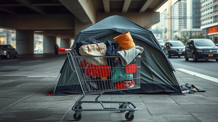 Shopping cart with belongings under a bridge highlighting homelessness in Austin, Texas.