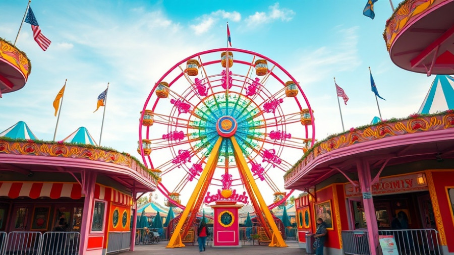 Charming amusement park entrance with Ferris wheel and archway, family friendly atmosphere in San Antonio.