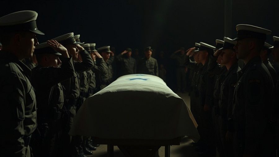 Israeli soldiers salute the coffin of a hostage at night.
