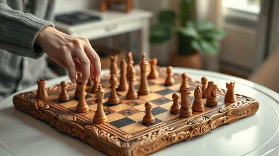 Decorative chessboard with players moving pieces.