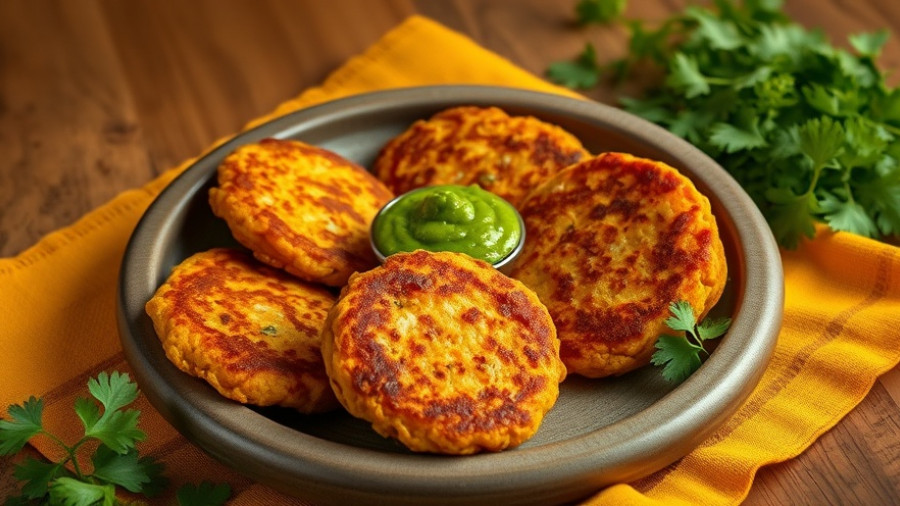 Delicious crispy sweet potato patties with chutney and cilantro, rustic style.