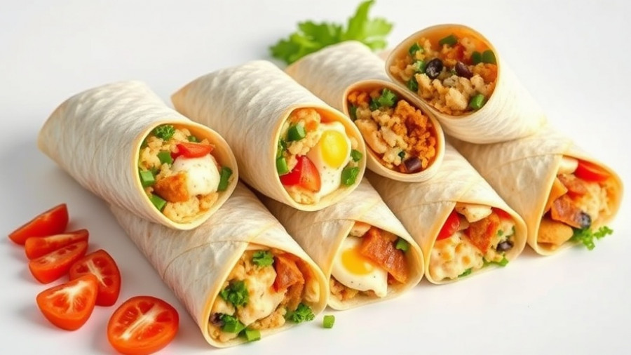Easy Breakfast Burritos neatly arranged in a line.