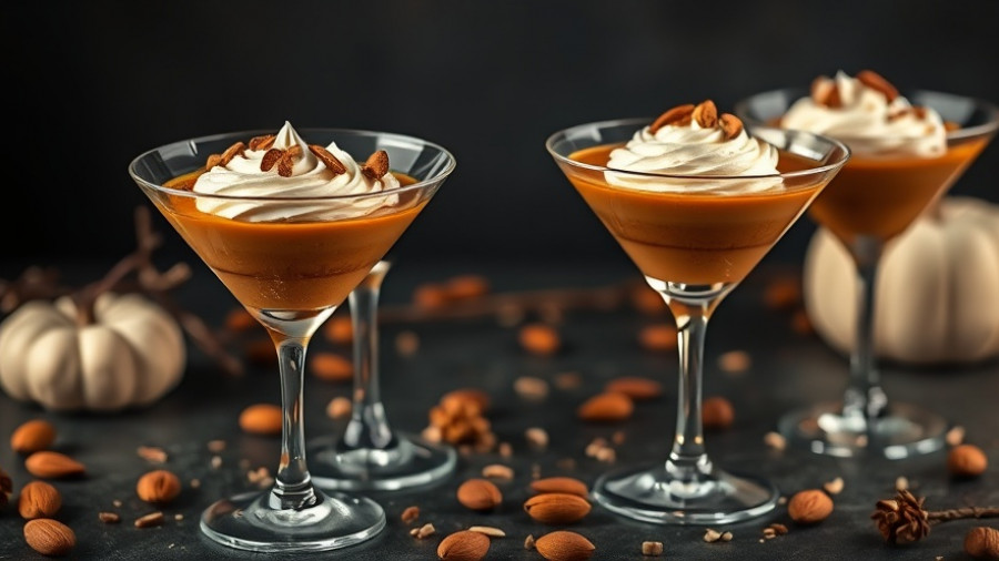 Elegant Chai Pumpkin Pie Parfaits with almonds in martini glasses.