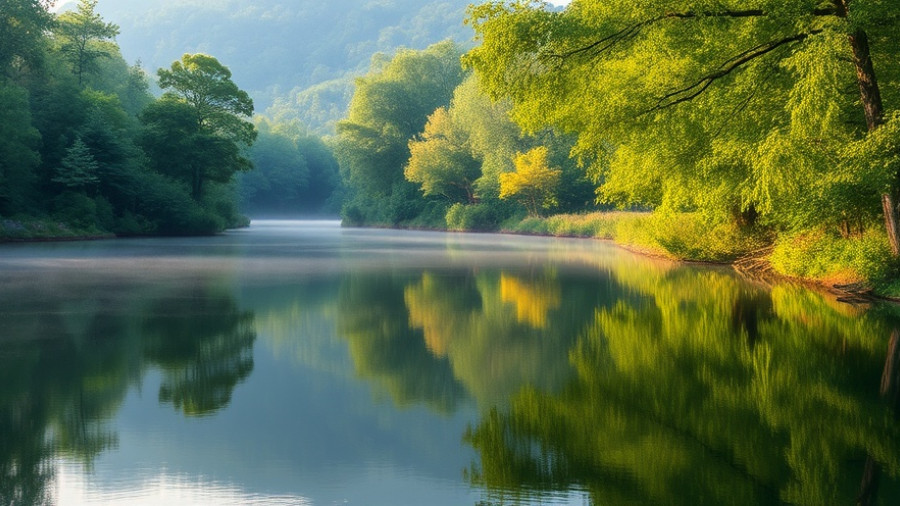 Texas water crisis river reflecting trees in a serene landscape.