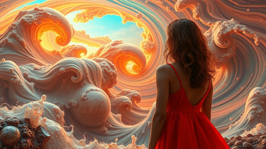 Surreal scene of woman in swirling abstract environment, infertility treatment options concept.