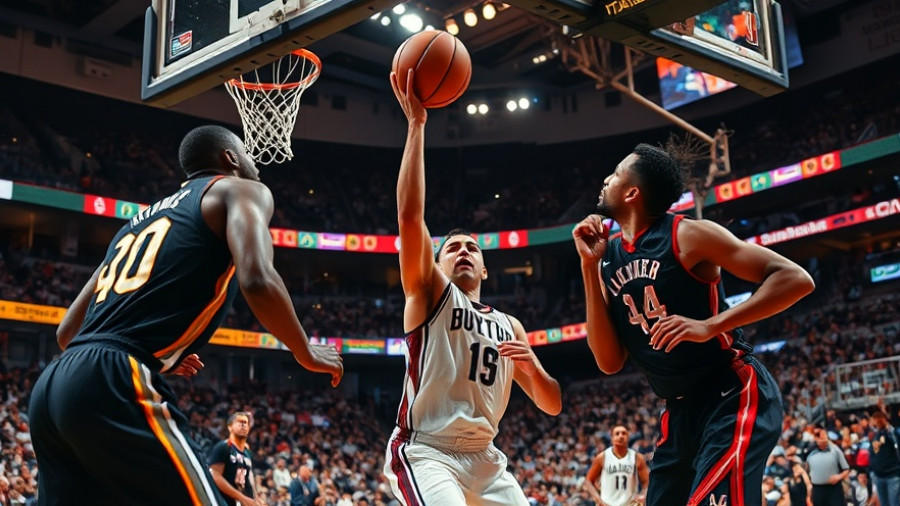 Basketball players on opening night in sports, intense moment.
