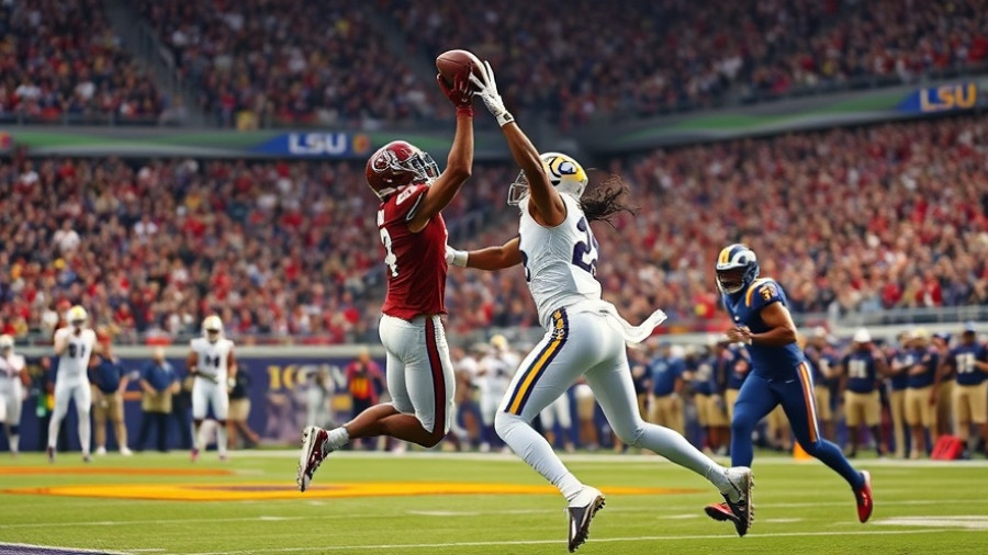 South Carolina Gamecocks vs. LSU Tigers intense football play, leaping catch.