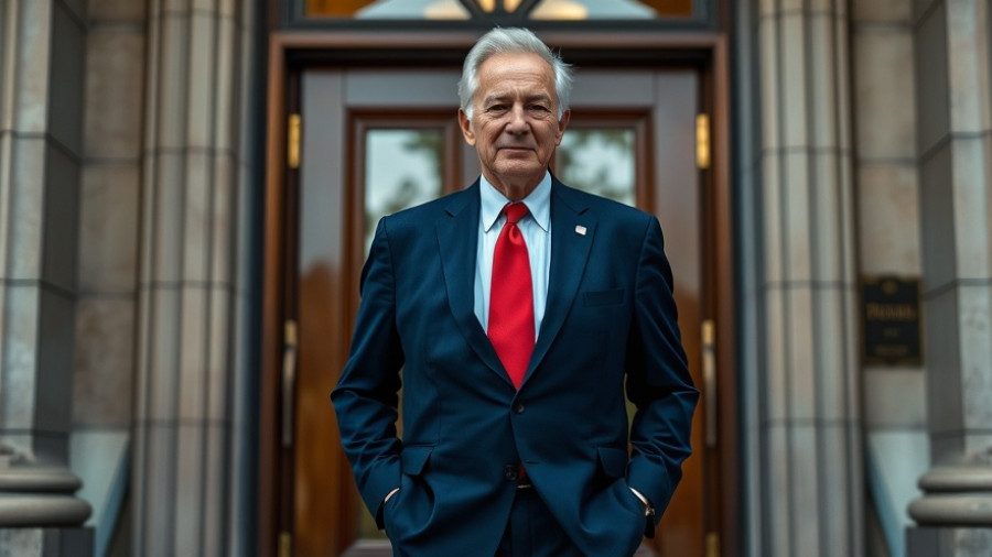 Older man in navy suit on a building's entrance, U.S. foreign relations.