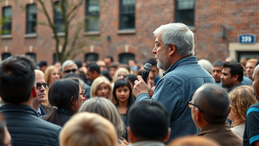 Speaker at outdoor gathering, addressing crowd.
