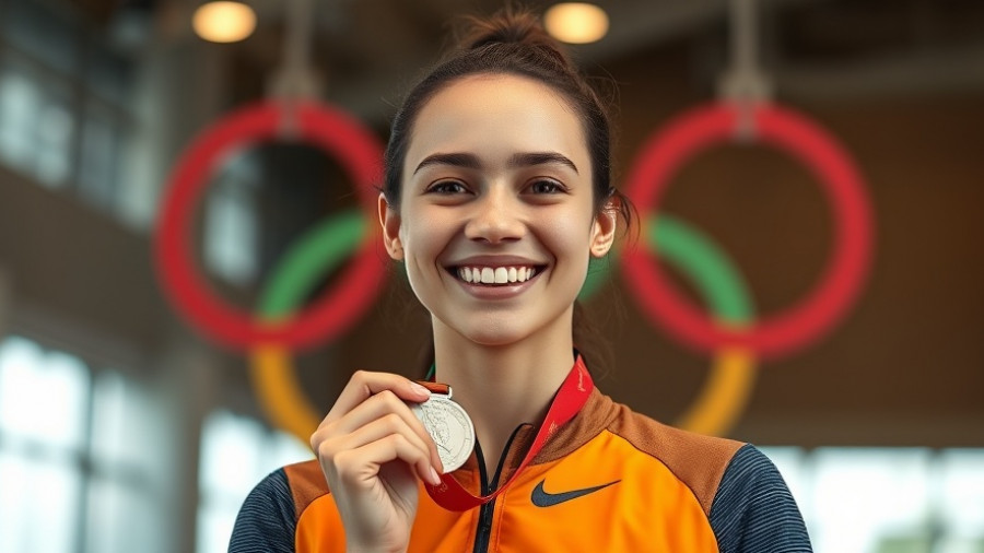 Smiling athlete holding silver medal in front of Olympic Rings, Save Women's Sports.