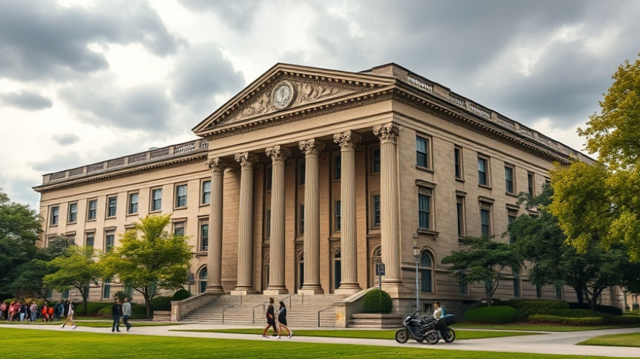 Historic University of Virginia building with people, cloudy day.