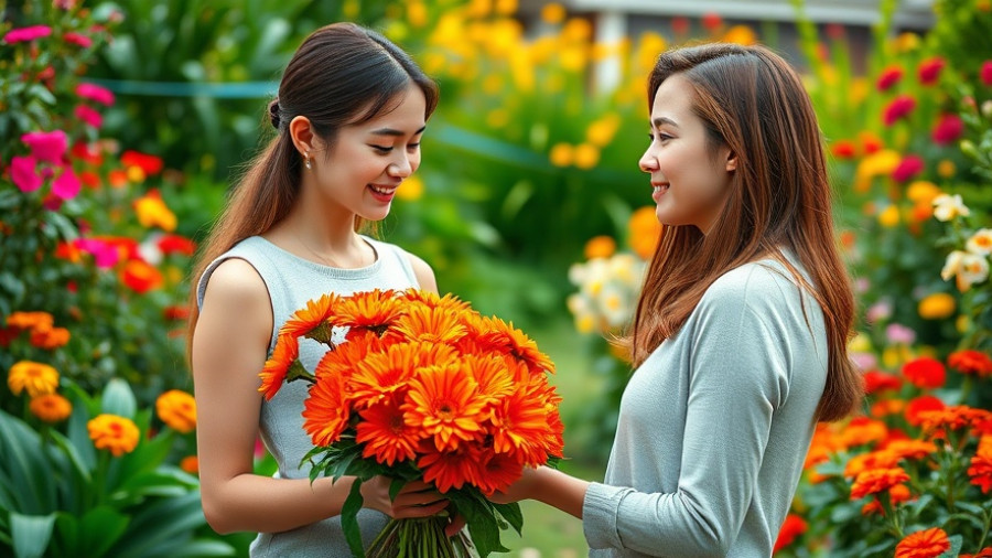 Woman with orange annual flowers in a lush garden, content expression.