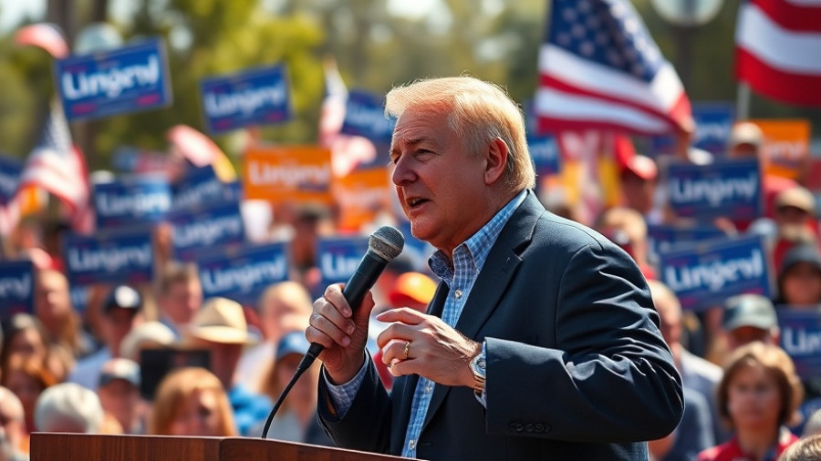 Confident speaker at Virginia AG race rally surrounded by signs.