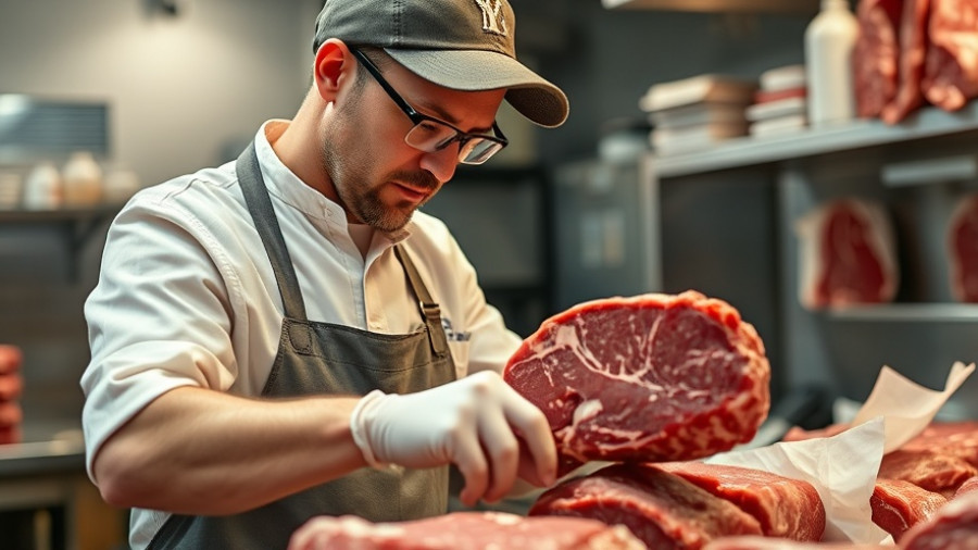 Butcher handling fresh beef in a shop, associated with import Argentine beef.