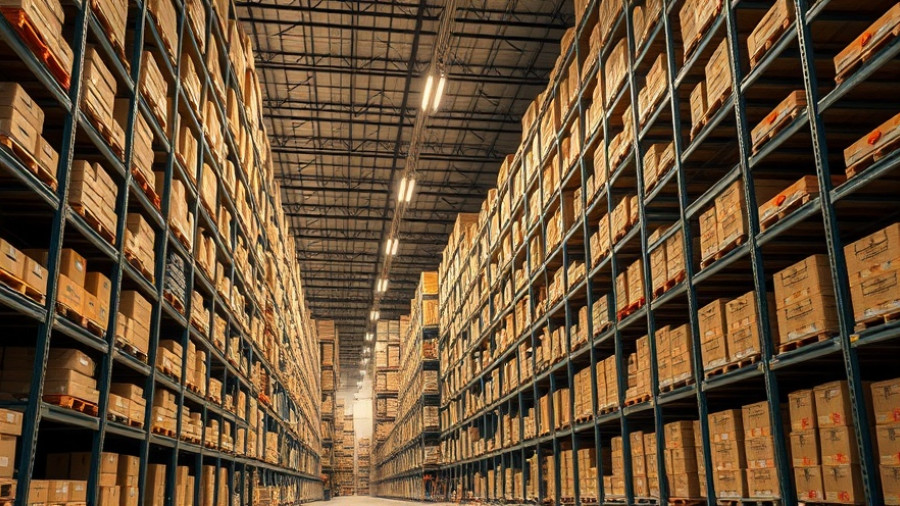 Vast food service warehouse with towering shelves and boxes.