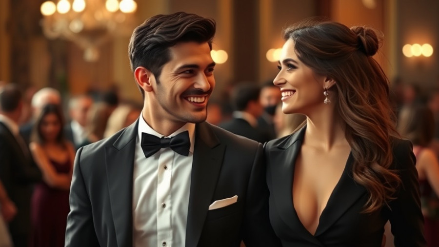 A couple smiling at an event, showcasing confidence and style.