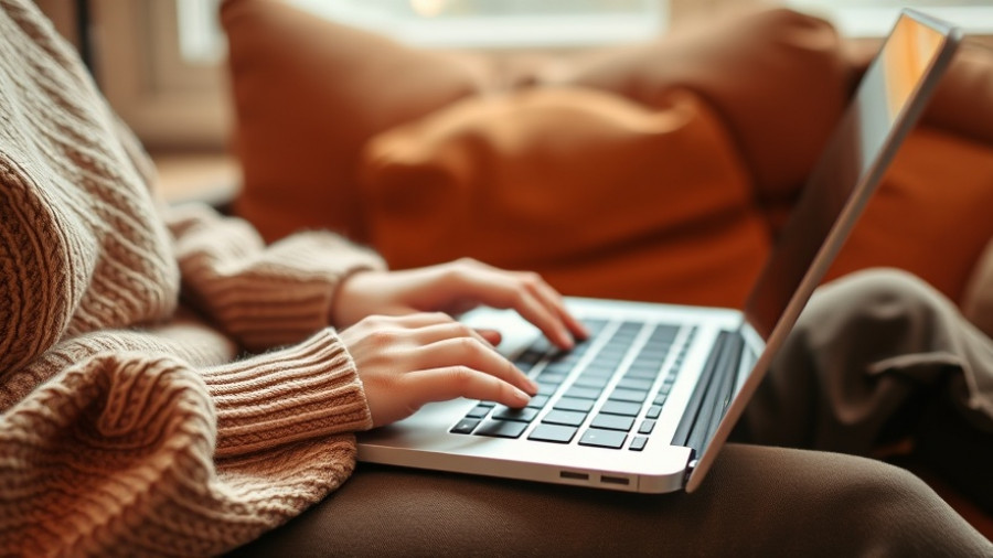 Hands typing on a laptop for cyberchondria management in cozy setting.