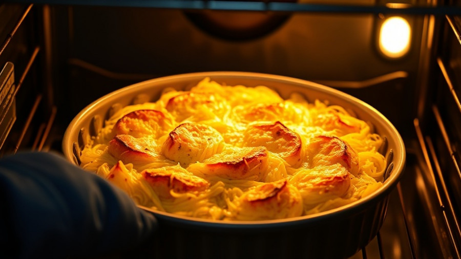 Golden brown spaghetti squash au gratin baking in the oven.