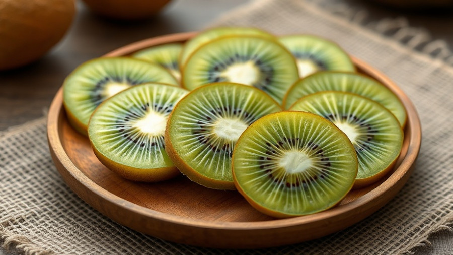 Fresh kiwi slices on a wooden plate, foods that help constipation.