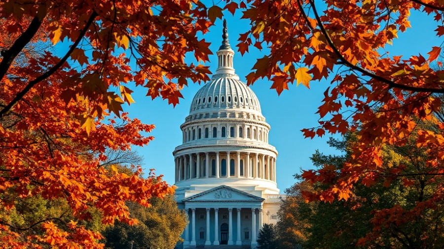 U.S. Capitol dome framed by fall leaves, government shutdown news.