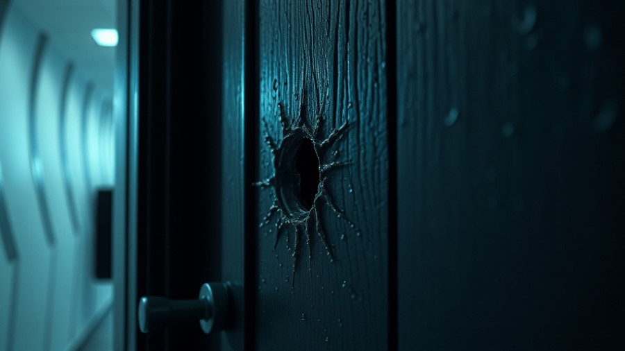 Door with bullet holes and rainy glass, forensic evidence.