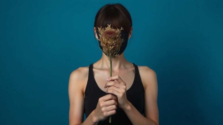 Person with face obscured by flower, blue background.