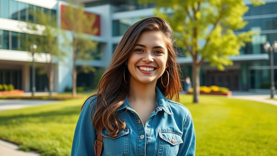 Young woman poses by college letters, San Antonio best college town.
