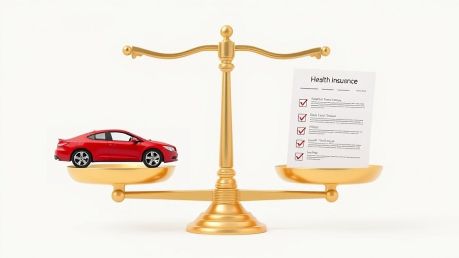 Golden scales comparing car and health insurance document, symbolizing health insurance premiums 2025.