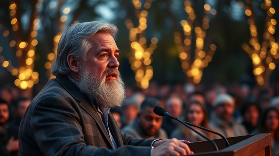 Man speaking at an outdoor event in evening lighting.